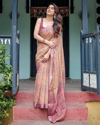 Designer floral print handloom linen saree with tassel pallu & blouse 4