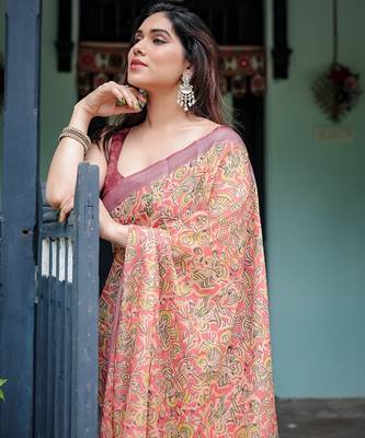 Designer floral print handloom linen saree with tassel pallu & blouse 5