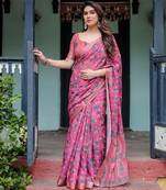 Linen handloom saree with digital floral print and tassels     festive wear