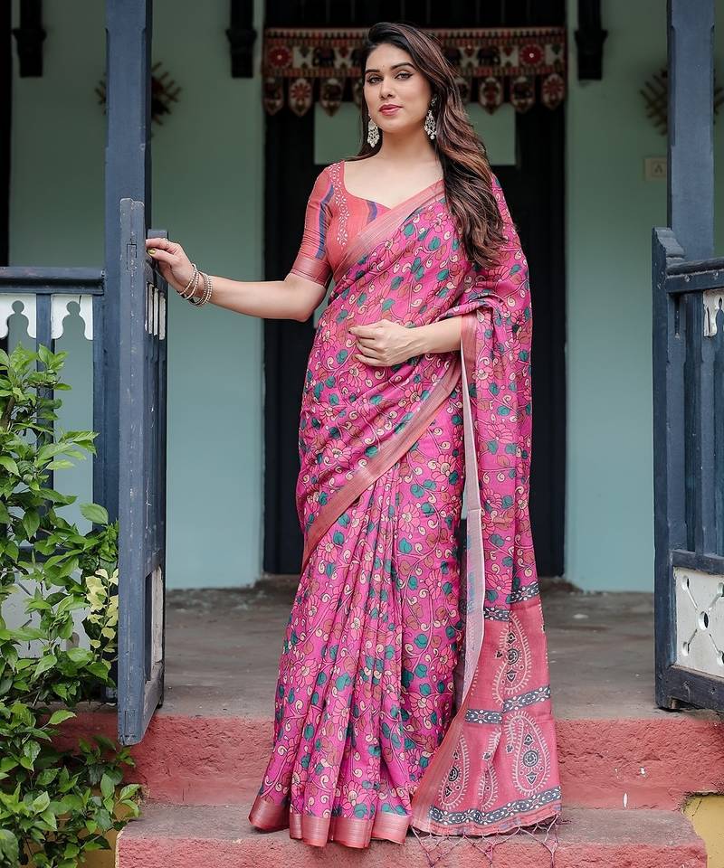 Linen handloom saree with digital floral print and tassels     festive wear