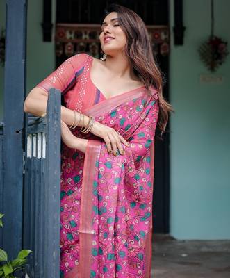 Linen handloom saree with digital floral print and tassels     festive wear 2