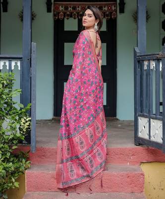 Linen handloom saree with digital floral print and tassels     festive wear 5