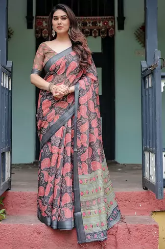 Pastel floral handloom linen saree with pallu tassels & blouse piece