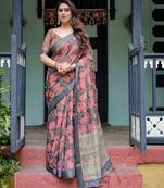 Pastel floral handloom linen saree with pallu tassels & blouse piece