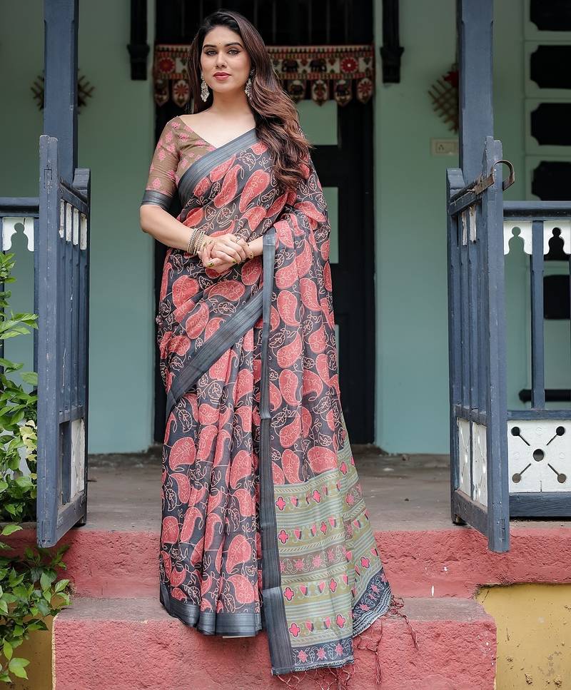 Pastel floral handloom linen saree with pallu tassels & blouse piece