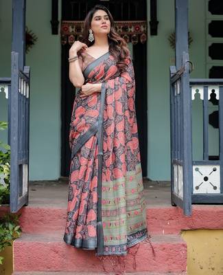 Pastel floral handloom linen saree with pallu tassels & blouse piece 2
