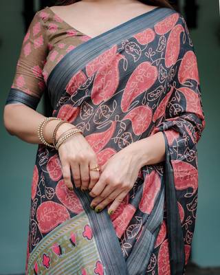 Pastel floral handloom linen saree with pallu tassels & blouse piece 5