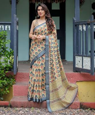 Ethnic handloom linen saree with colorful floral print and matching blouse 1