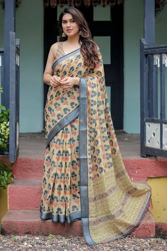 Ethnic handloom linen saree with colorful floral print and matching blouse