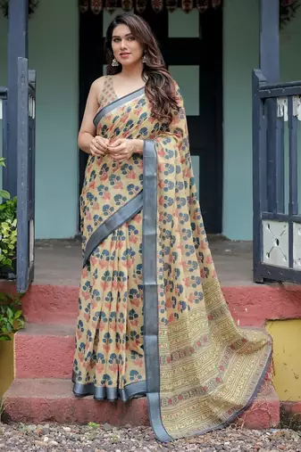 Ethnic handloom linen saree with colorful floral print and matching blouse