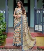 Ethnic handloom linen saree with colorful floral print and matching blouse