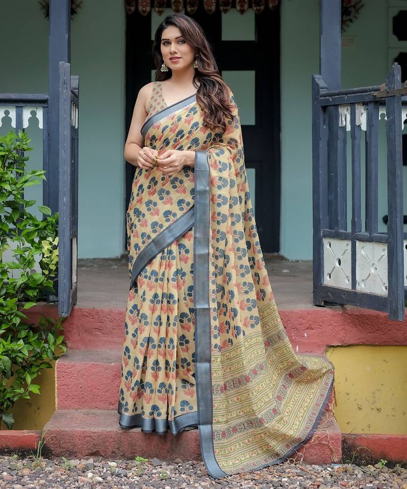 Ethnic handloom linen saree with colorful floral print and matching blouse