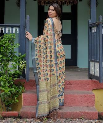 Ethnic handloom linen saree with colorful floral print and matching blouse 2