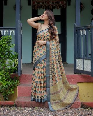 Ethnic handloom linen saree with colorful floral print and matching blouse 3