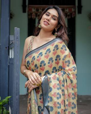 Ethnic handloom linen saree with colorful floral print and matching blouse 5