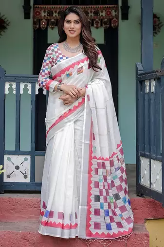 Linen cotton blend handloom saree with floral motif and tassel border