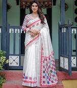 Linen cotton blend handloom saree with floral motif and tassel border