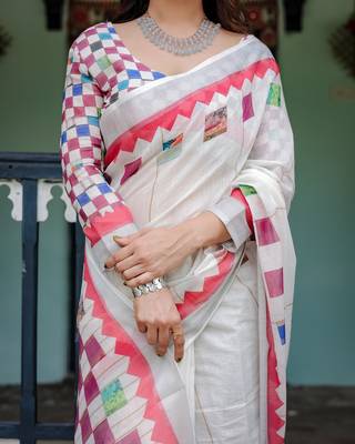 Linen cotton blend handloom saree with floral motif and tassel border 2