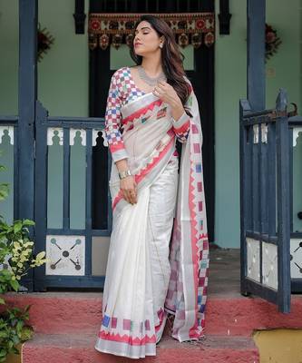 Linen cotton blend handloom saree with floral motif and tassel border 3
