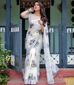 Women   s handloom linen saree     floral printed with attached blouse & tassels