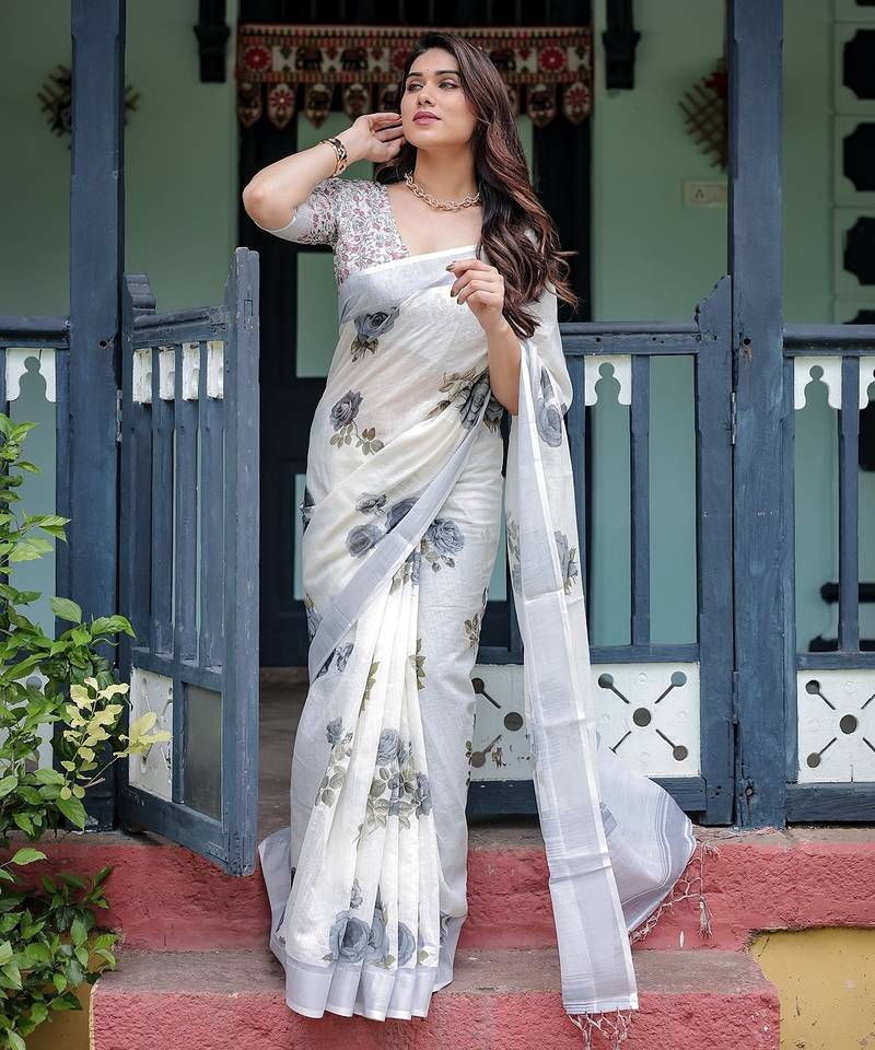 Women   s handloom linen saree     floral printed with attached blouse & tassels