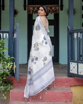 Women   s handloom linen saree     floral printed with attached blouse & tassels 3