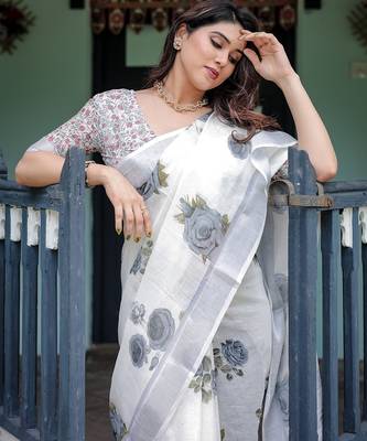 Women   s handloom linen saree     floral printed with attached blouse & tassels 4