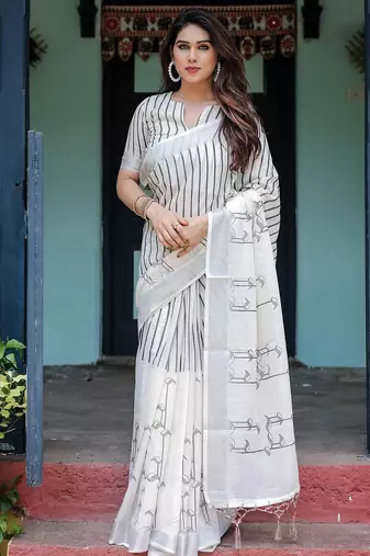 Premium floral print handloom linen saree with pallu tassels – 5.5m