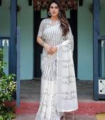 Premium floral print handloom linen saree with pallu tassels     5.5m