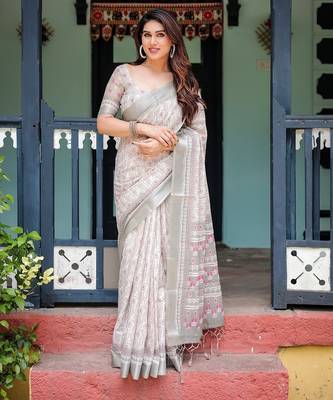 Printed handloom linen saree for women with floral design and tassels 1
