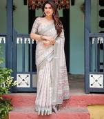 Printed handloom linen saree for women with floral design and tassels
