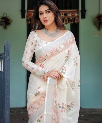 Everyday elegance handloom linen floral saree with blouse piece     5.5m 2