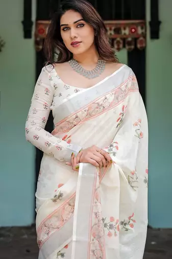 Everyday elegance handloom linen floral saree with blouse piece     5.5m