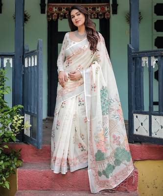 Everyday elegance handloom linen floral saree with blouse piece     5.5m 3