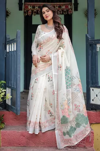 Everyday elegance handloom linen floral saree with blouse piece     5.5m