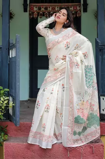 Everyday elegance handloom linen floral saree with blouse piece – 5.5m