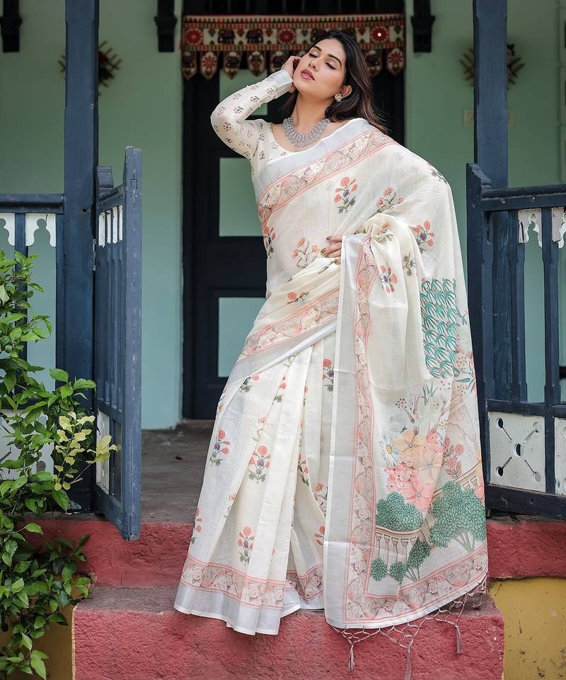 Everyday elegance handloom linen floral saree with blouse piece     5.5m