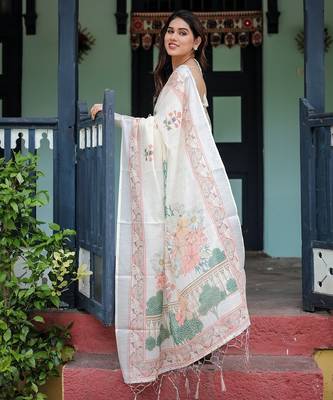 Everyday elegance handloom linen floral saree with blouse piece     5.5m 4