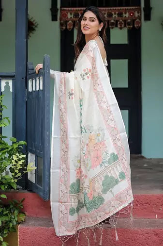 Everyday elegance handloom linen floral saree with blouse piece     5.5m