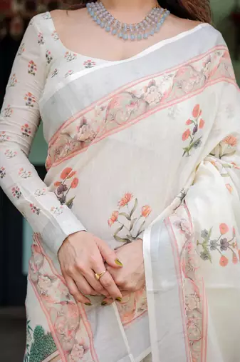 Everyday elegance handloom linen floral saree with blouse piece     5.5m