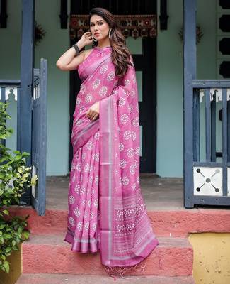 Soft handloom linen saree with multicolor floral print and tassel edges 1