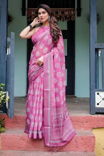 Soft handloom linen saree with multicolor floral print and tassel edges