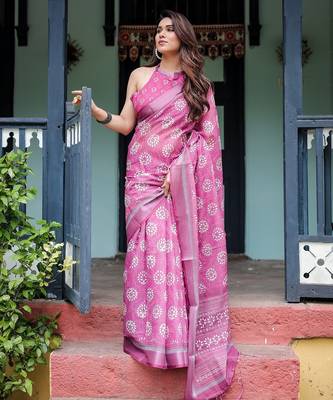 Soft handloom linen saree with multicolor floral print and tassel edges 3