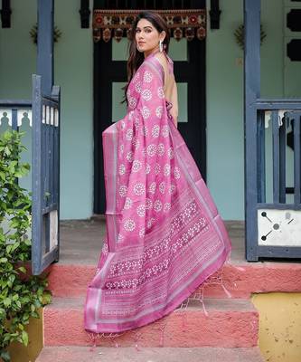 Soft handloom linen saree with multicolor floral print and tassel edges 4