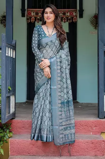 Stylish linen handloom saree with floral digital print and tassels – 5.5m + 0.8m