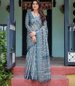 Stylish linen handloom saree with floral digital print and tassels     5.5m + 0.8m