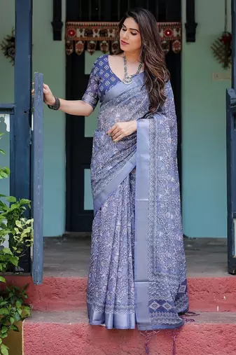 Festive ready handloom linen saree with floral artwork & matching blouse