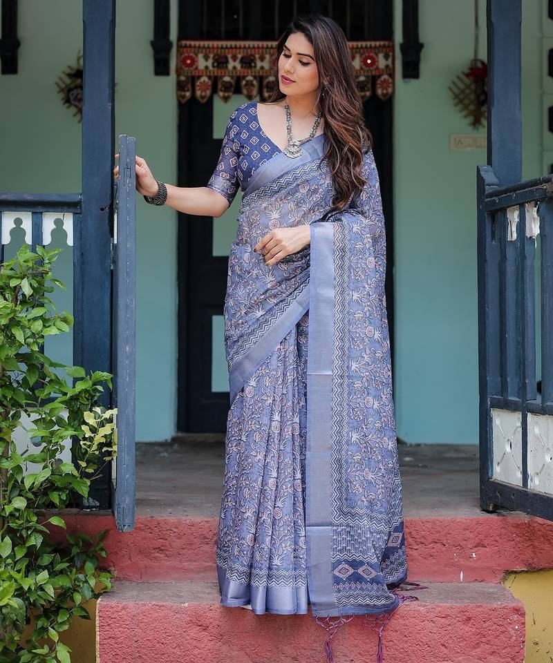 Festive ready handloom linen saree with floral artwork & matching blouse