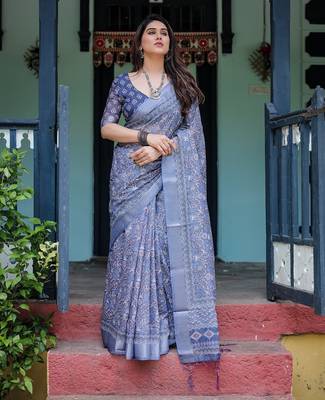 Festive ready handloom linen saree with floral artwork & matching blouse 2
