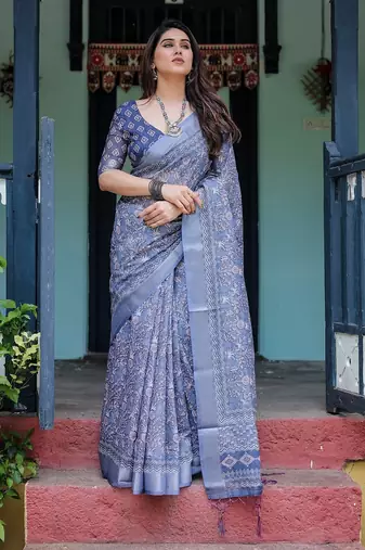 Festive ready handloom linen saree with floral artwork & matching blouse